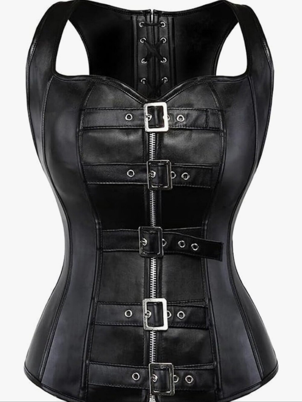 Black Corset Faux Leather Steampunk Biker Belted Goth Top Size 2X ** RUNS SMALL